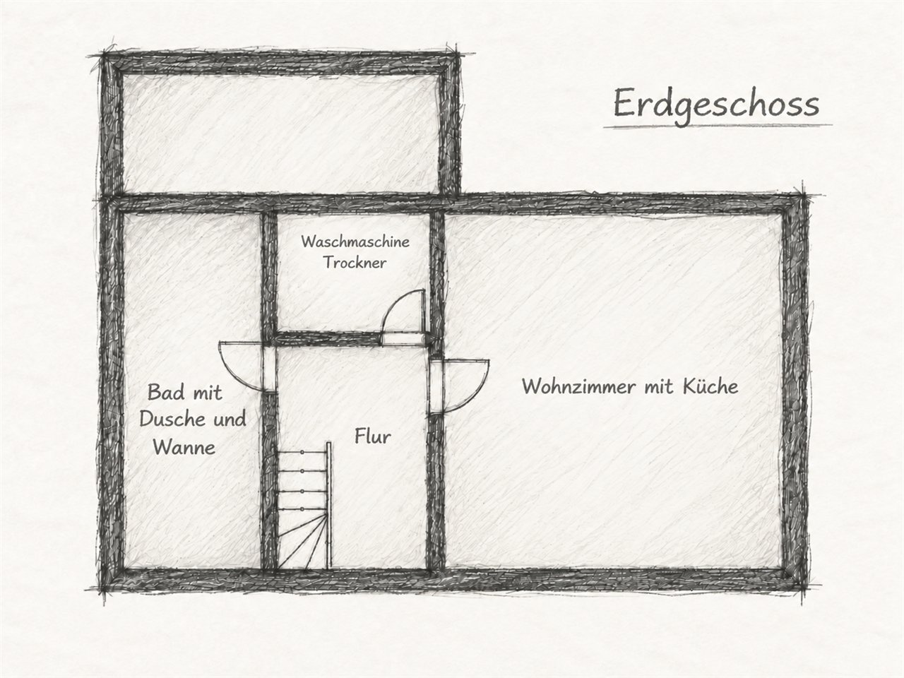 Grundriss Erdgeschoss: Wohnzimmer mit Küche auf der rechten Seite, links davon der Flur mit der Treppe und das Bad mit Dusche und Wanne, dazwischen eine Kammer mit Waschmaschine und Trockner
