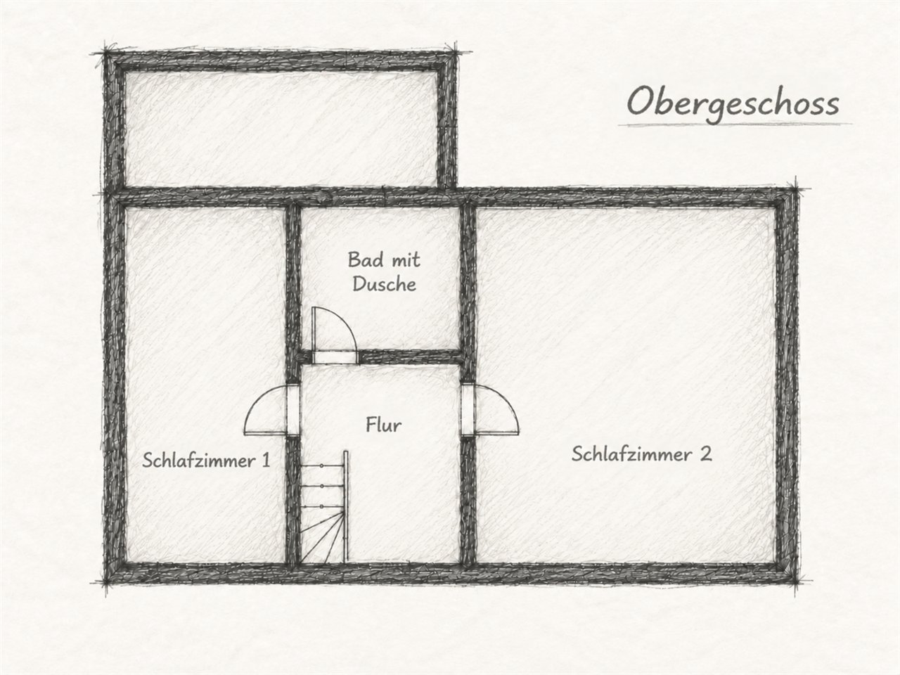 Grundriss Obergeschoss: Schlafzimmer 1 links, Schlafzimmer 2 rechts, dazwischen der Flur mit der Treppe und das Bad mit Dusche